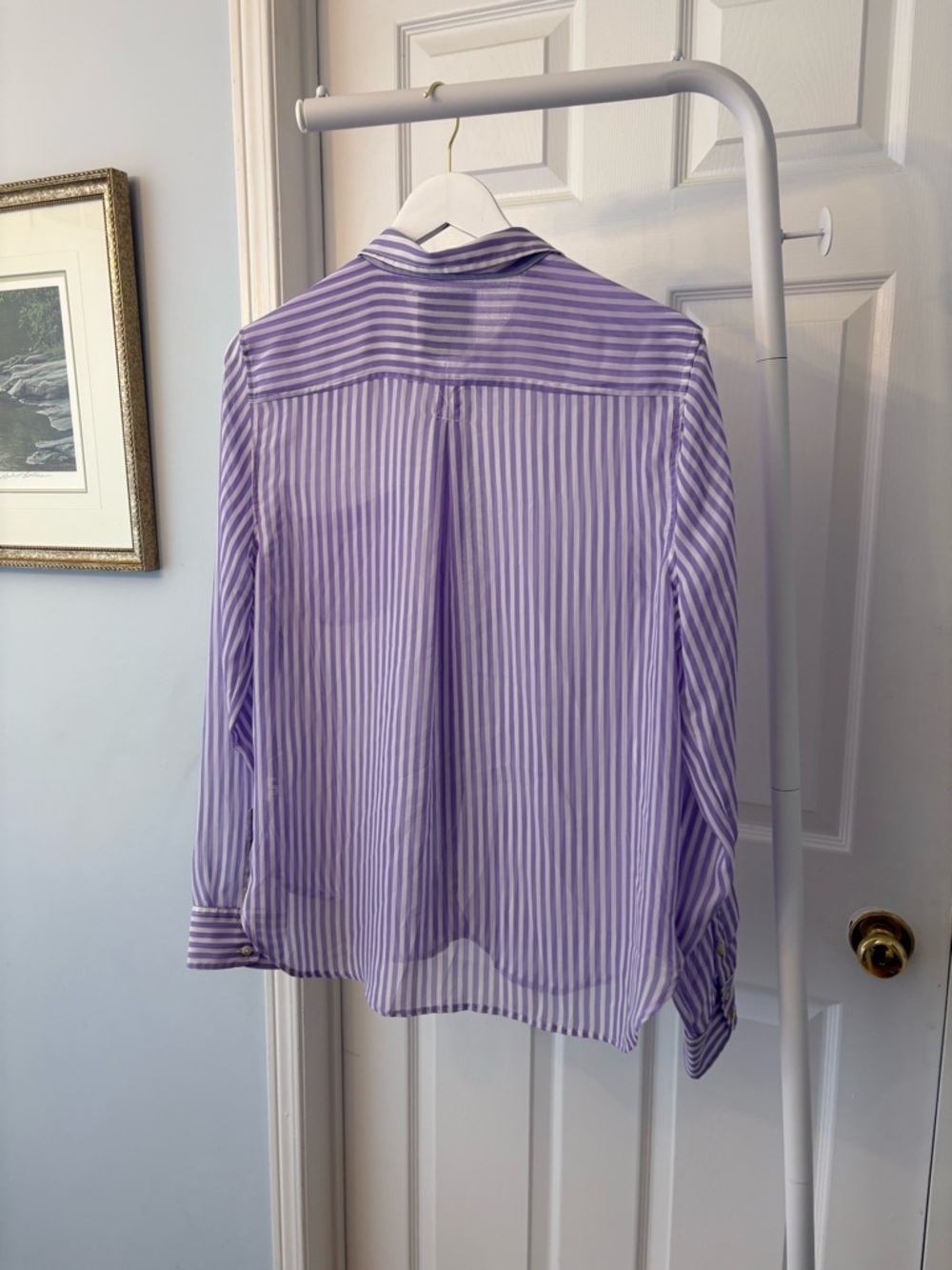 American Eagle Purple & White Striped Button Down Shirt Semi Sheer Size Large - Picture 7 of 15